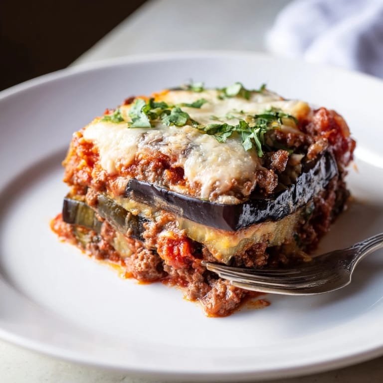 A bubbling dish of homemade Moussaka, showcasing tender eggplant and flavorful meat sauce.