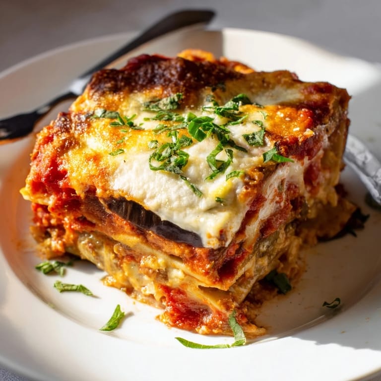 A mouthwatering close-up of Eggplant Parmesan Lasagna, showing layers of cheesy deliciousness and tender eggplant.
