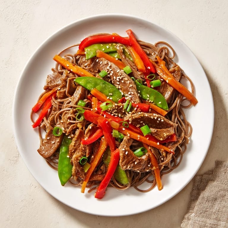 A flavorful Teriyaki Beef & Noodle Bowl featuring tender beef and vibrant stir-fried vegetables with noodles.