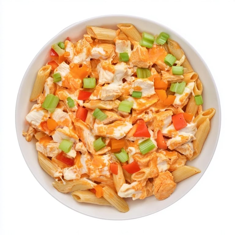 A bubbling skillet of Buffalo Chicken Pasta Skillet, featuring tender chicken, a creamy sauce, and bits of red pepper.