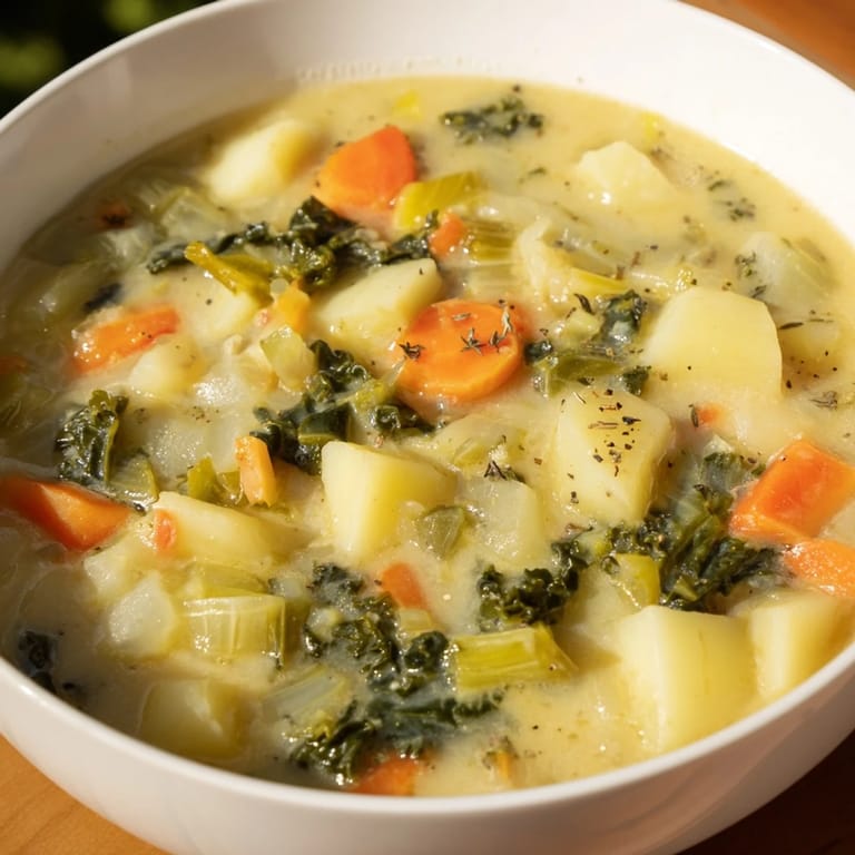 Enjoy a close-up of this flavorful Vegetarian Potato-Kale Soup, perfect for a cozy dinner.