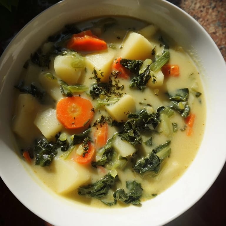 Hearty Vegetarian Potato-Kale Soup, a comforting bowl of soup ready to be served hot.