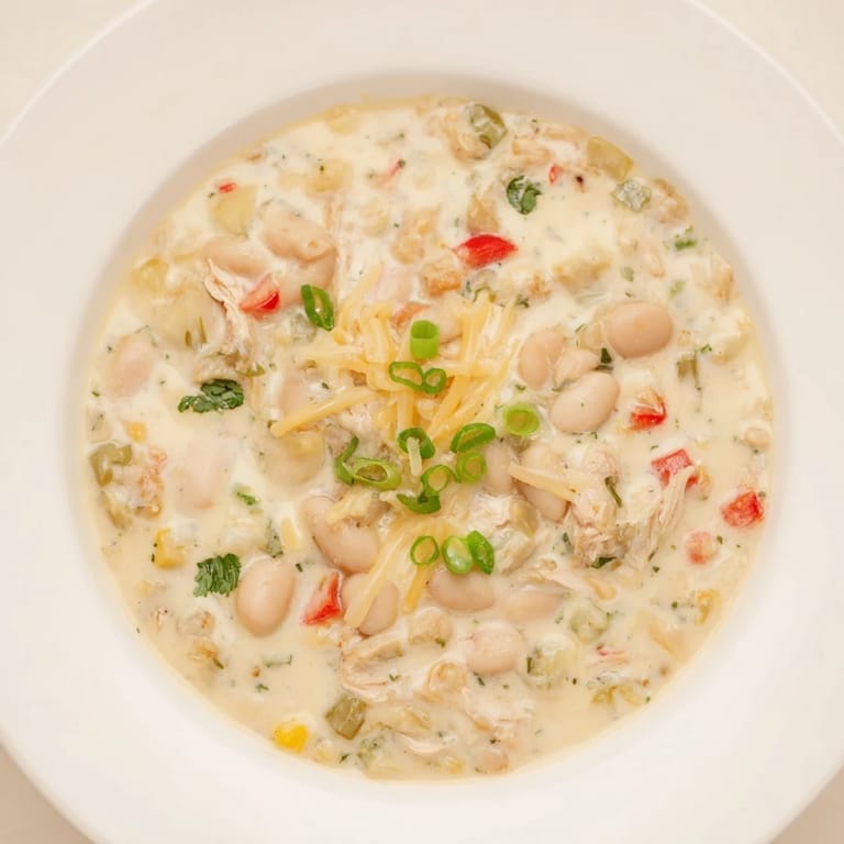 Enjoy a steaming bowl of Creamy White Chicken Chili with Beans, smelling of savory spices and tender chicken.