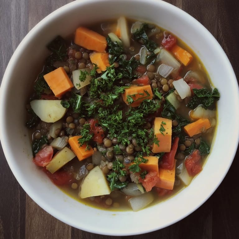 A close-up of a rustic bowl filled with aromatic Winter Vegetable & Lentil Soup, served with bread.