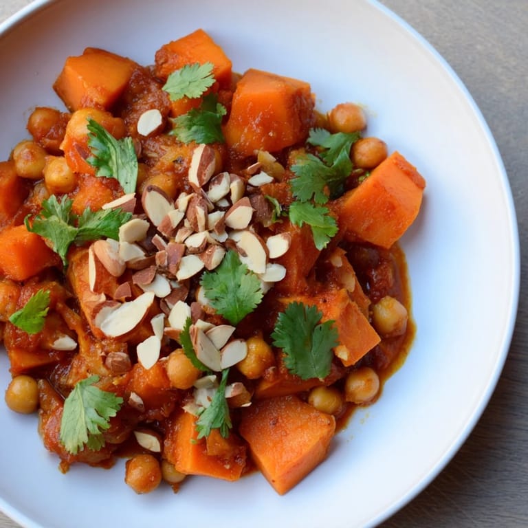 Enjoy a warmly spiced, vegan Moroccan Chickpea & Sweet Potato Tagine, a comforting dish.