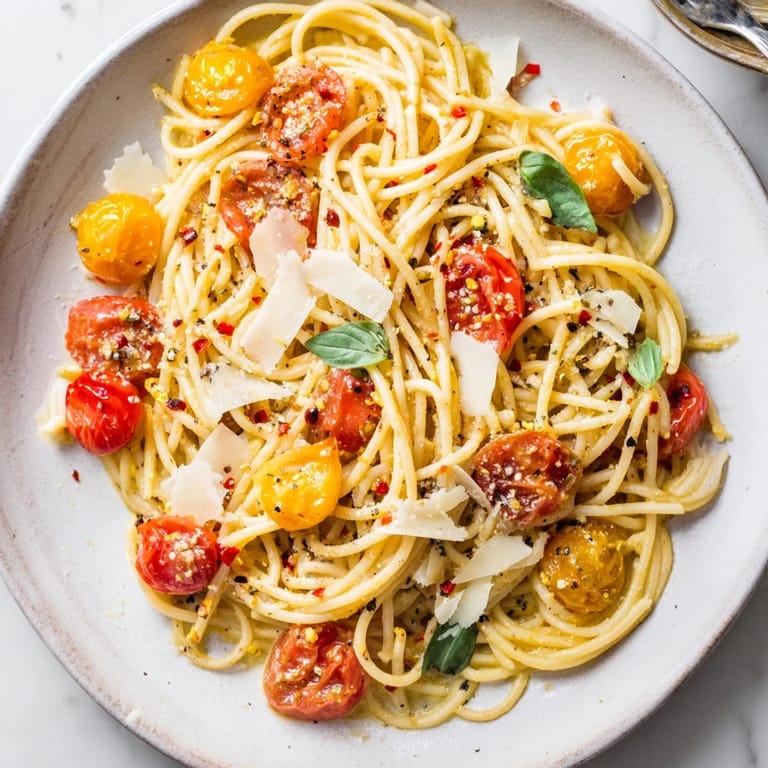 A visually appealing, easy-to-make Lazy-Girl Pasta dish, plated and ready to enjoy with a glass of wine.