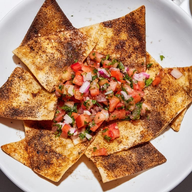 A close-up of crispy air-fryer tortilla chips next to a bowl of fresh, chunky salsa.