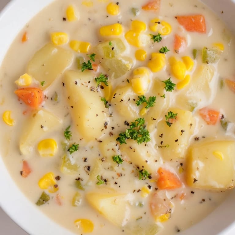 A visually appealing close-up of hearty corn and potato chowder, garnished with fresh herbs.