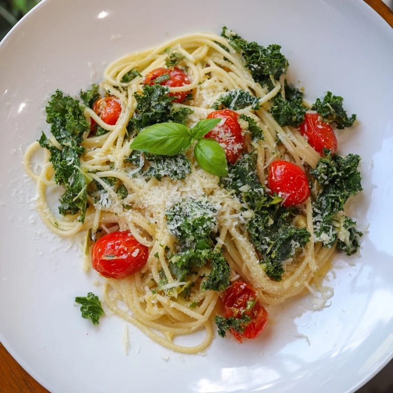 A close-up of the easy one-pot spaghetti with kale & tomatoes, a comforting vegetarian pasta dish.