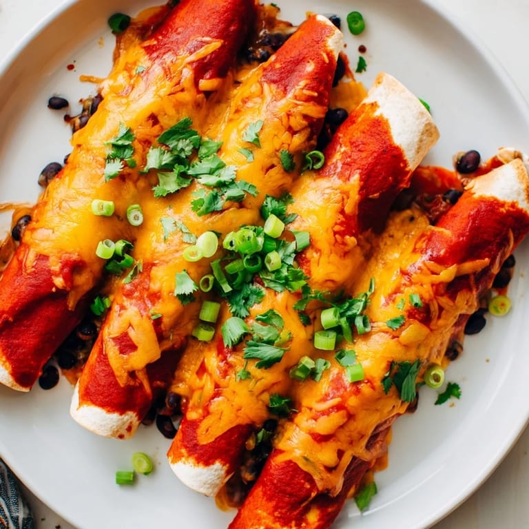 A close-up of baked Cheesy Bean Enchiladas showing melted cheese and the visible bean filling, ready to serve.