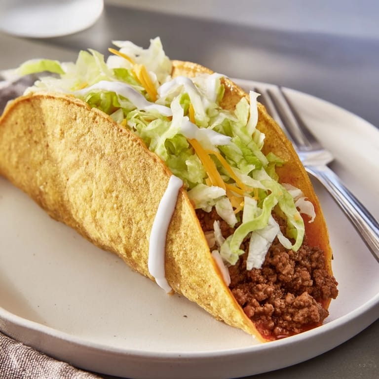 Homemade Cheesy Gordita Crunch tacos: a close-up of the flavorful beef filling spilling from crispy shells.