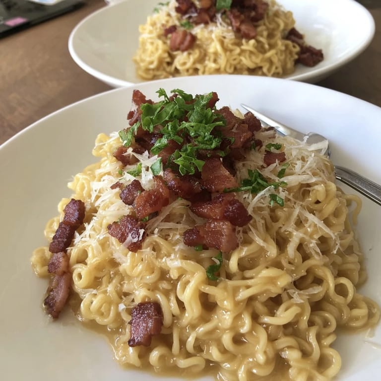 Quick Carbonara Ramen Fusion: A close-up shot of cheesy noodles with bacon, ready to enjoy.