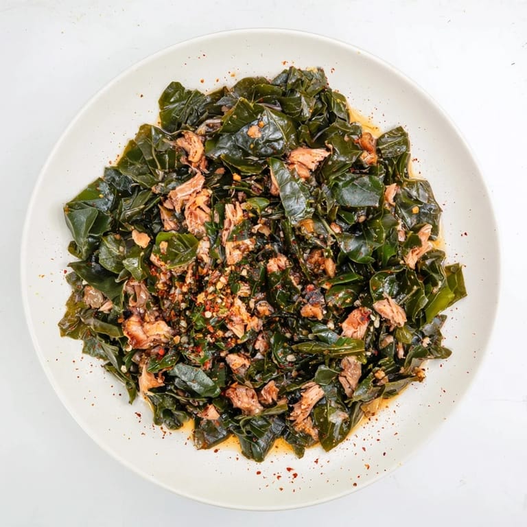 Hearty Southern collard greens with smoked turkey: ready to serve, a flavorful side dish for any meal.