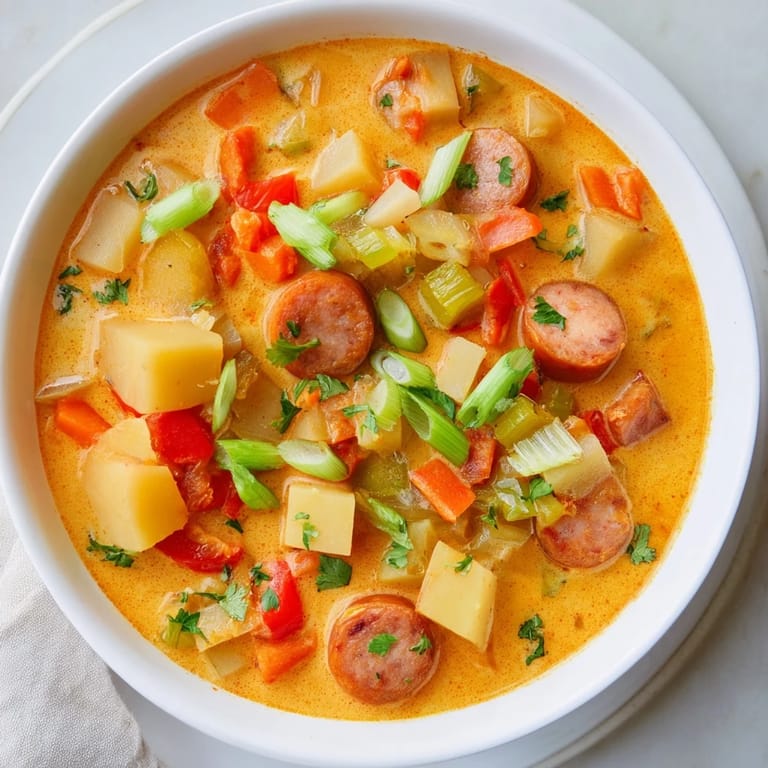 A steaming bowl of slow cooker Cajun potato soup, showcasing hearty potatoes and a vibrant blend of spices.