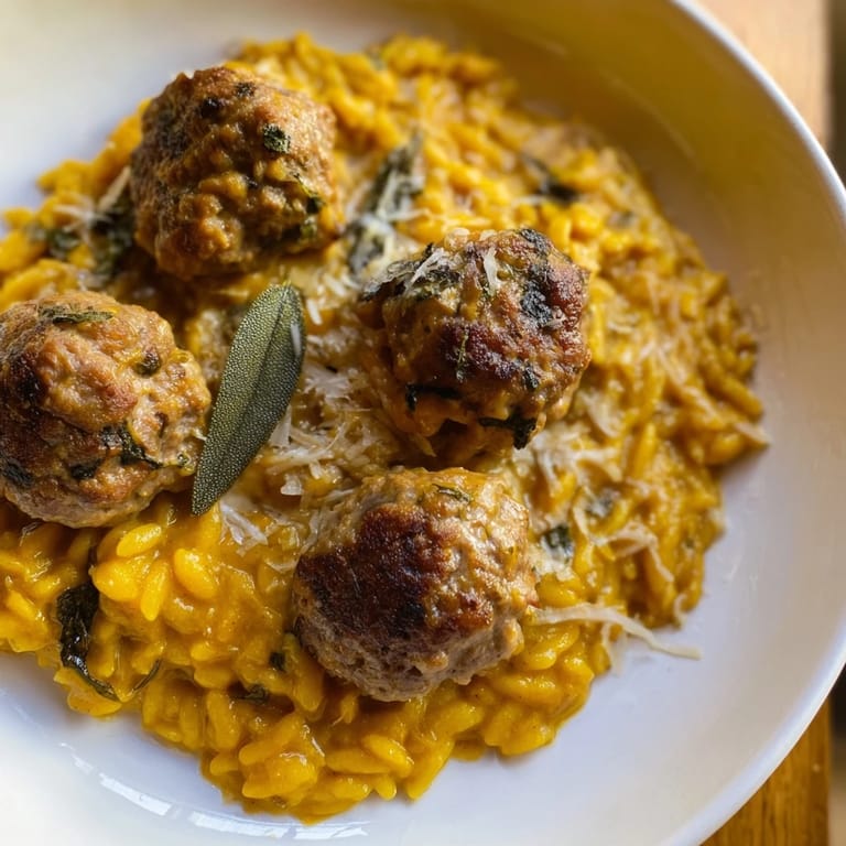 A steaming bowl of sage turkey meatballs with pumpkin orzo, topped with Parmesan cheese, delicious!