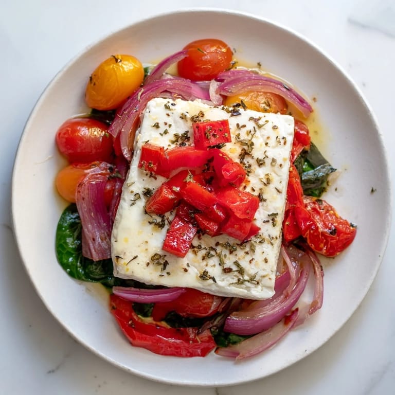 A close-up of steaming one-pan baked feta Christmas pasta, showcasing vibrant tomatoes and perfectly cooked pasta.