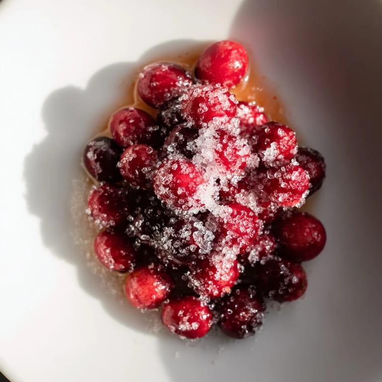 Close-up of bright red 5-Minute Express Candied Cranberries, a beautiful, crunchy topping for desserts.