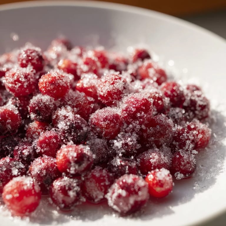Sweet and tart 5-Minute Express Candied Cranberries, a perfect festive treat coated in sparkling sugar crystals.