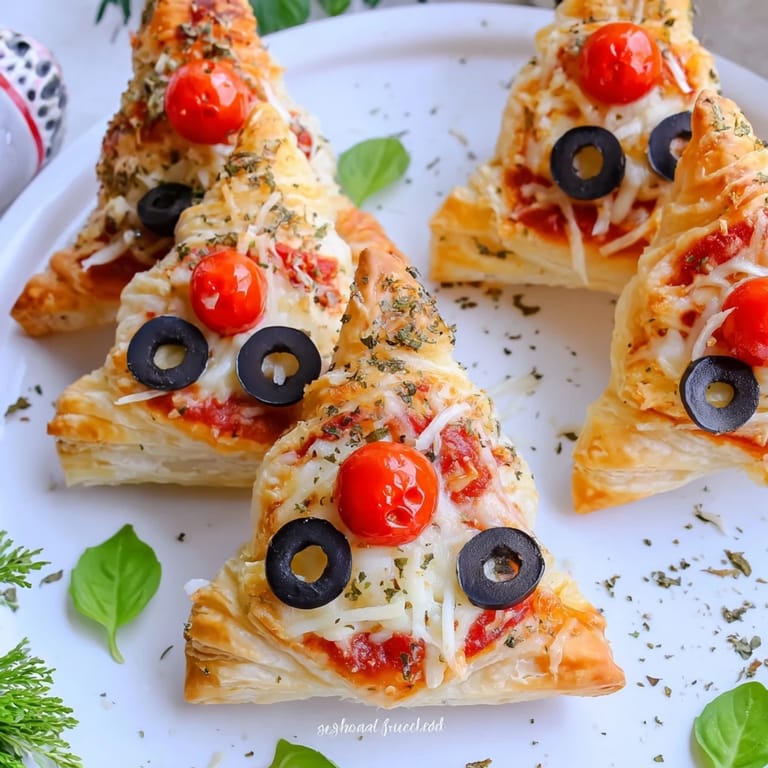 Flaky, golden-brown Christmas Tree pizza bites with mozzarella, perfect for a festive appetizer, and ready for serving.
