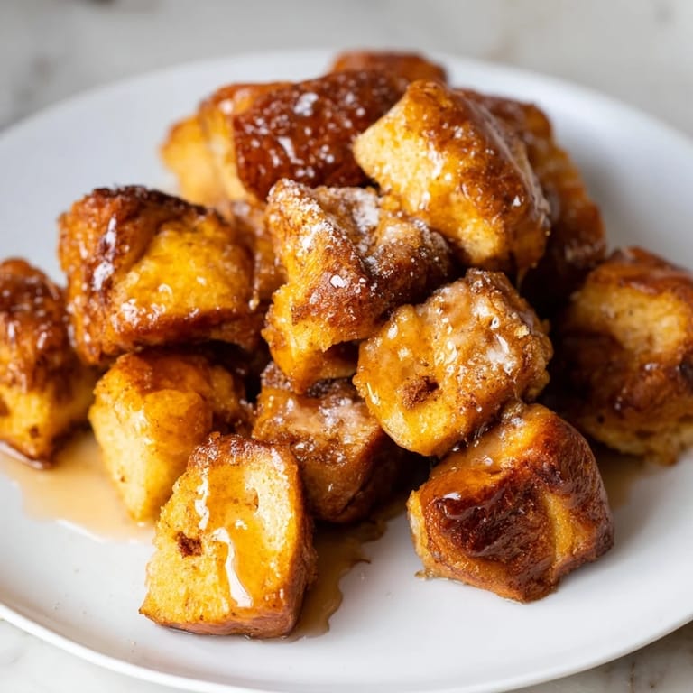 Warm, cinnamon-kissed mini French Toast Casserole bites, drizzled with brown sugar, ready to enjoy.