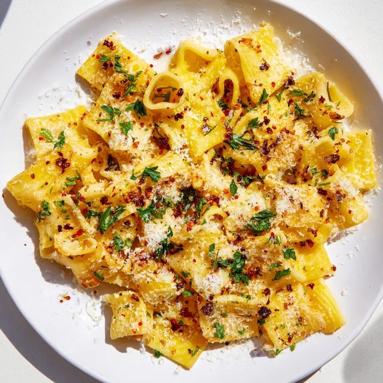 Close-up of baked Spicy Lemon-Parmesan Pasta Chips, featuring chili flakes and fresh parsley garnish.