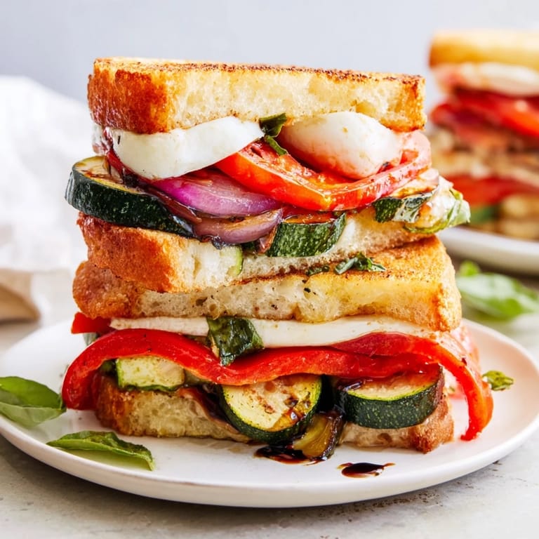 Crispy sourdough encases a colorful sheet-pan roasted veggie caprese grilled cheese, ready for a delicious meal.