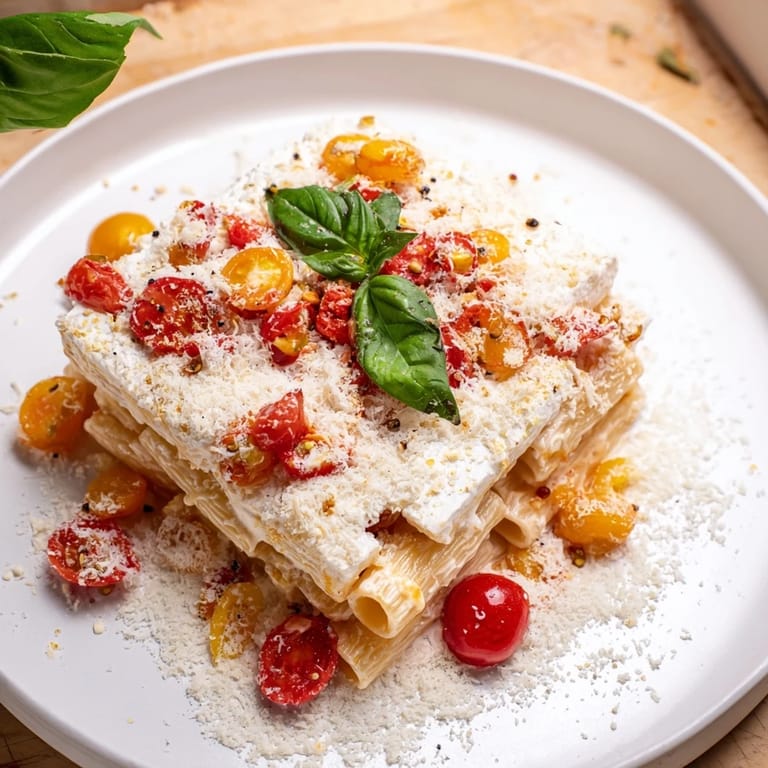 Festive Baked Feta Snowfall Cherry Tomato Christmas Pasta, a vegetarian delight, garnished with fresh basil.