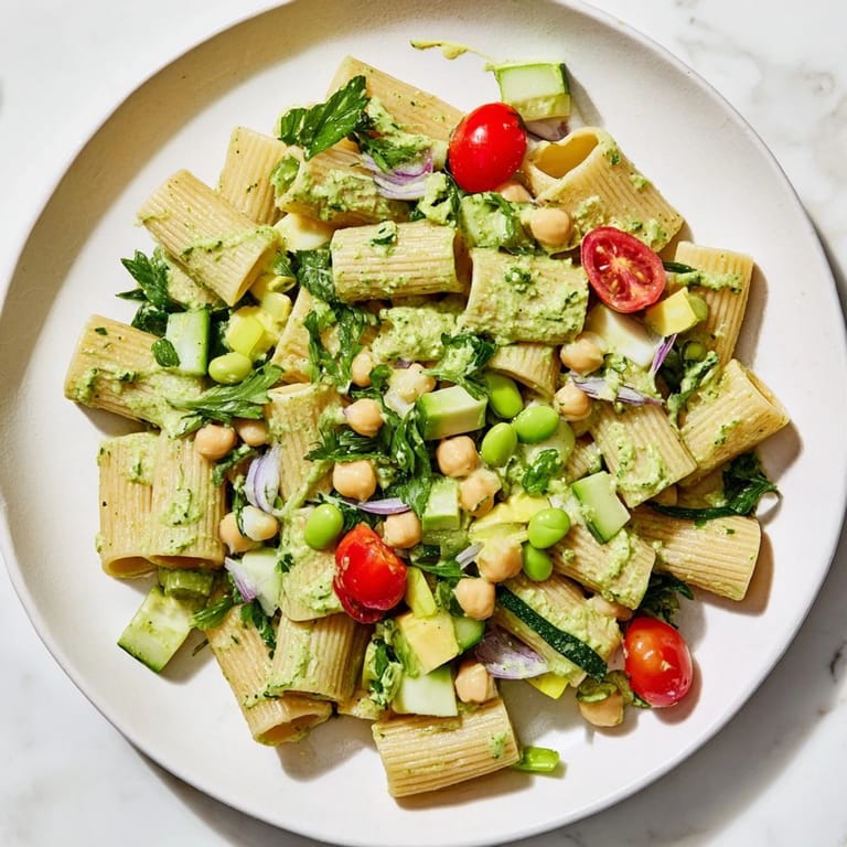 Perfect for a festive meal, a refreshing bowl of Holiday Glow Green Goddess Protein Pasta Salad awaits.