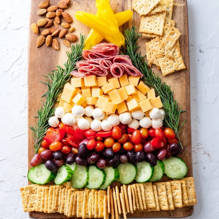 Holiday celebration: a delicious Christmas Tree Snack Board, artfully arranged on a serving platter.