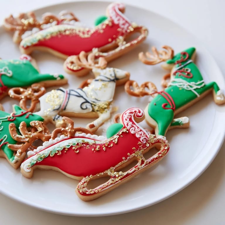 Close-up of a delightful Santa's Sleigh cookie display, showing intricate icing details and holiday sprinkles.