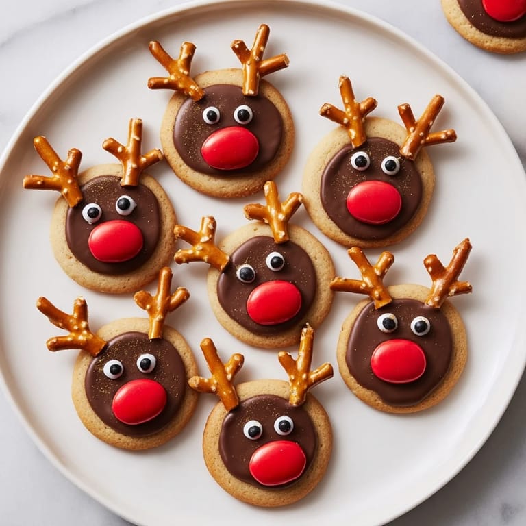 Close-up of adorable Santa's Reindeer Cookie platter with charming pretzel antlers, ready to enjoy.