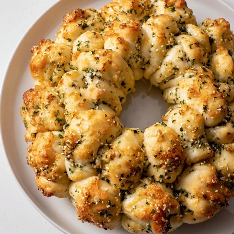 Warm, cheesy Festive Pull-Apart Bread Wreath, ready for sharing and perfect for a holiday meal.