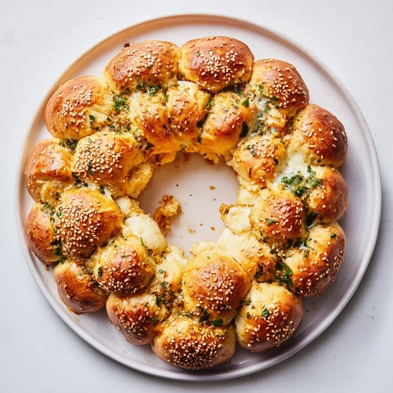 Freshly baked, aromatic Festive Pull-Apart Bread Wreath adorned with sesame seeds, smells divine.