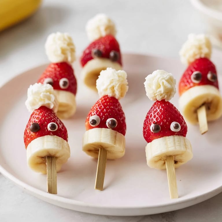 Sweet, assembled Banana Strawberry Santa Skewers offer a healthy, holiday treat ready for serving and enjoying.