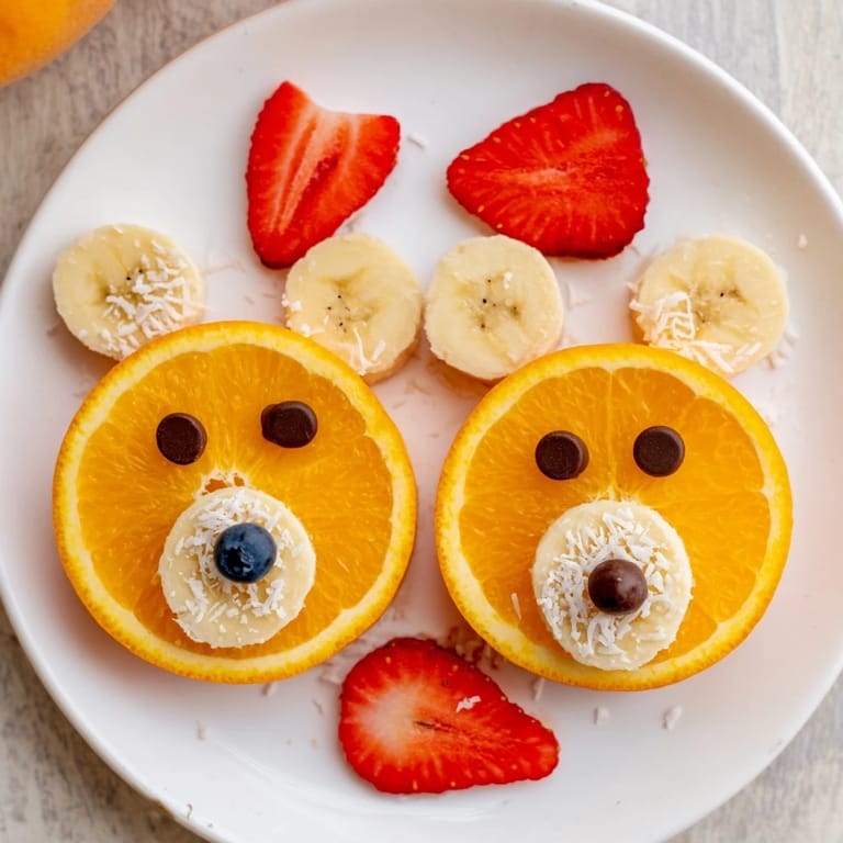 Sweet strawberries and banana round out this colorful Orange Slice Bear Face Fruit Board snack.