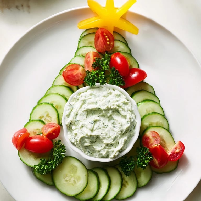 Freshly made Cucumber and Tomato Tree Dip platter, with bright red tomatoes and creamy dip center for dipping.