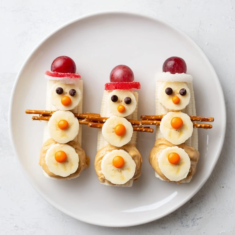 Homemade Banana Peanut Butter Snowmen with orange candy noses and fruit hats ready to be enjoyed as a snack.
