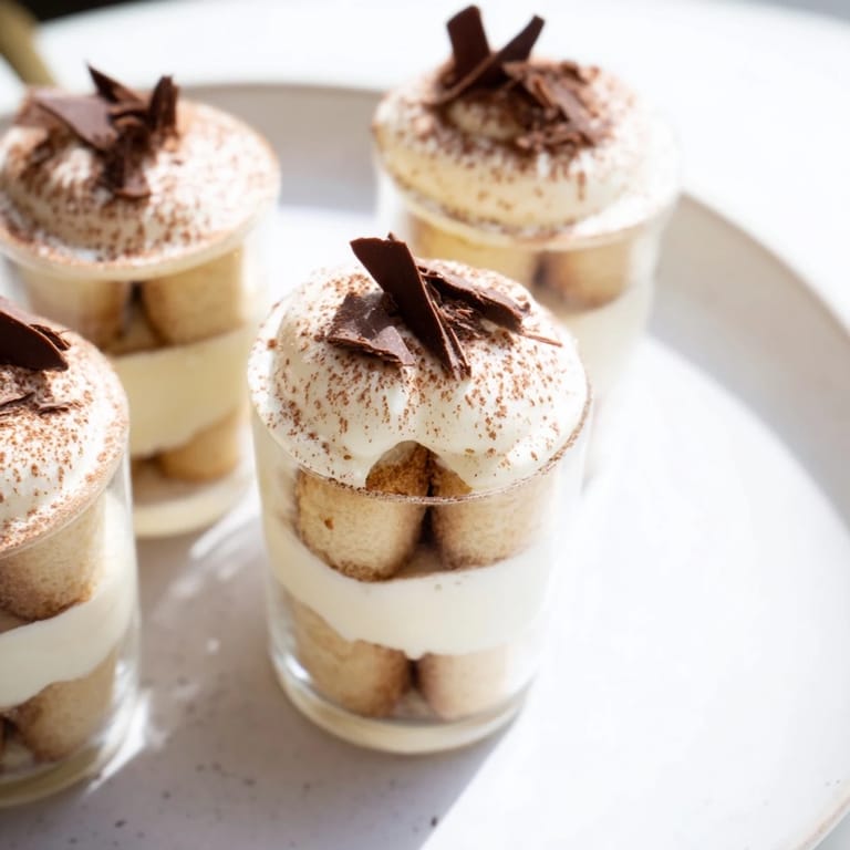 Close-up of elegant Countdown Tiramisu Shots, featuring coffee-soaked ladyfingers and whipped cream layers, ready to enjoy.