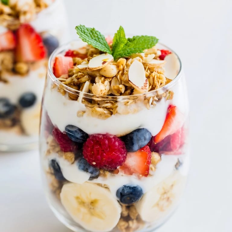 Cool, layered yogurt and granola parfait glasses showcase creamy yogurt, granola crunch, and vivid fruits, perfect for brunch.