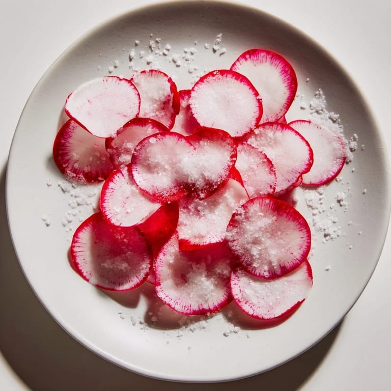 Freshly cut radish slices, generously salted, ready to enjoy as a light, vegan appetizer.