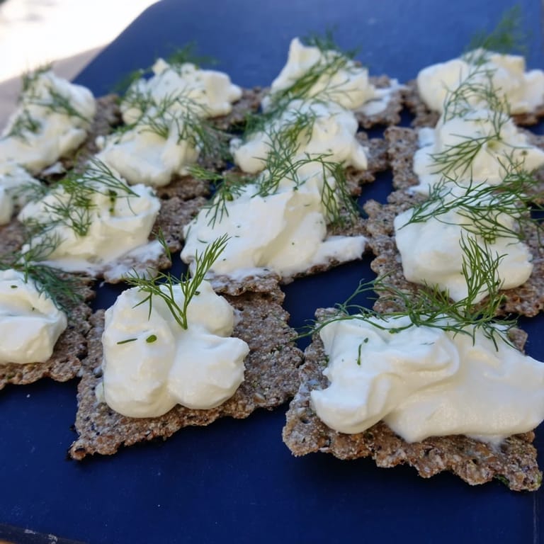 A beautiful serving of The Stormy Sea; fluffy goat cheese dolloped on dark, crisp crackers, ready to eat.