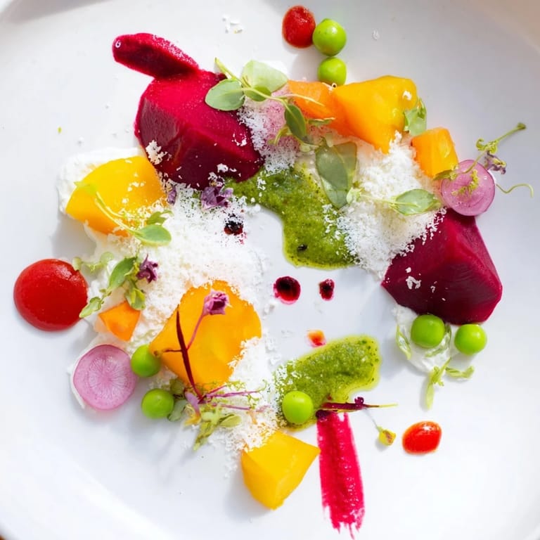 A colorful The Pointillism Dot Matrix dish, dotted with purees, sauces and garnished for a visual delight.