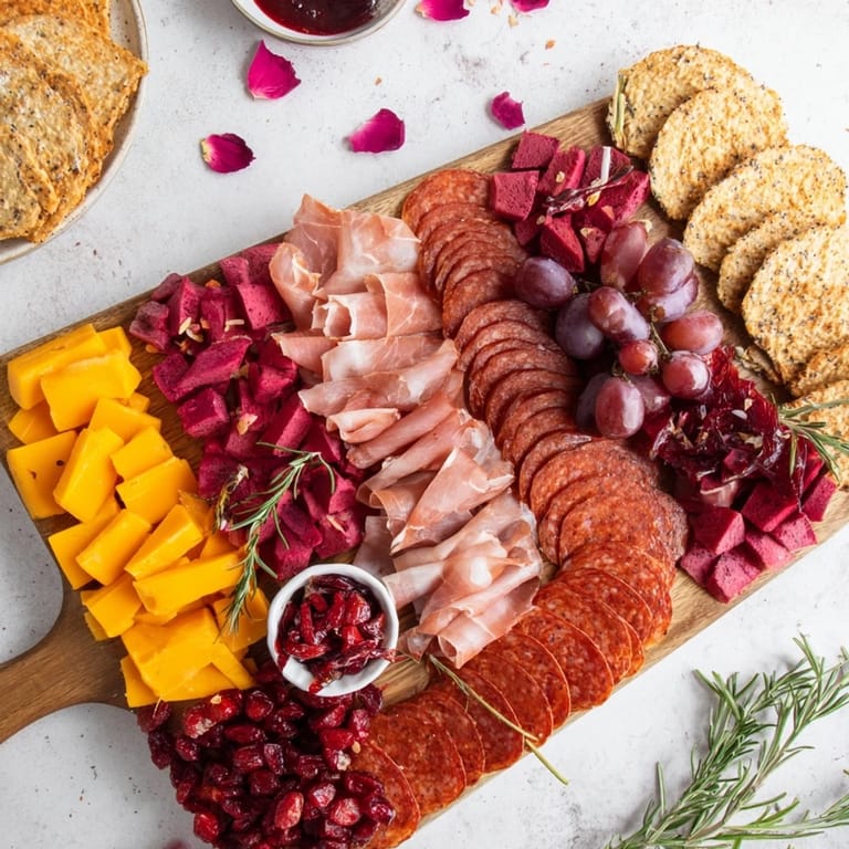 Elegant Crimson Crest charcuterie board features red meats paired with red wine cheeses, offering a flavorful bite.