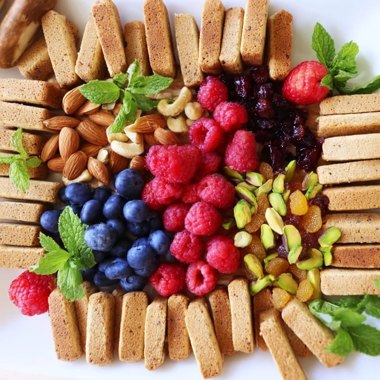 Fresh raspberries and blueberries enhance The Picket Fence's appealing mix of nuts and crackers.