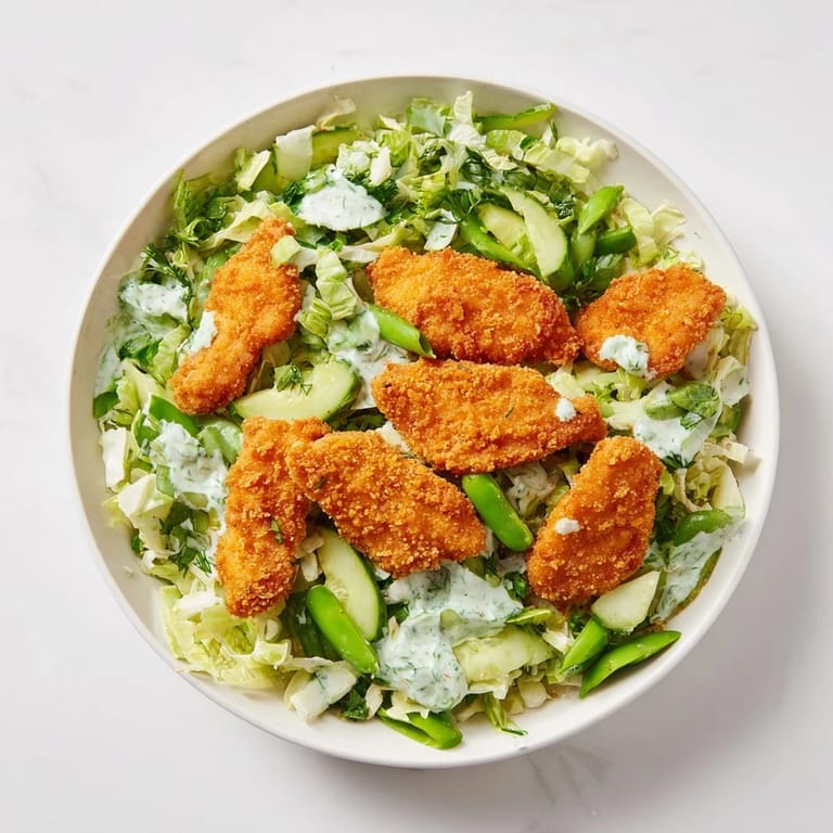 Freshly air-fried chicken nuggets sit atop a colorful bed of cabbage in this Green Goddess recipe.