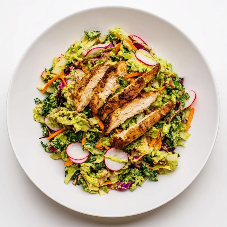 This Green Goddess Cabbage Slaw features juicy sliced chicken atop creamy, herbaceous slaw. 