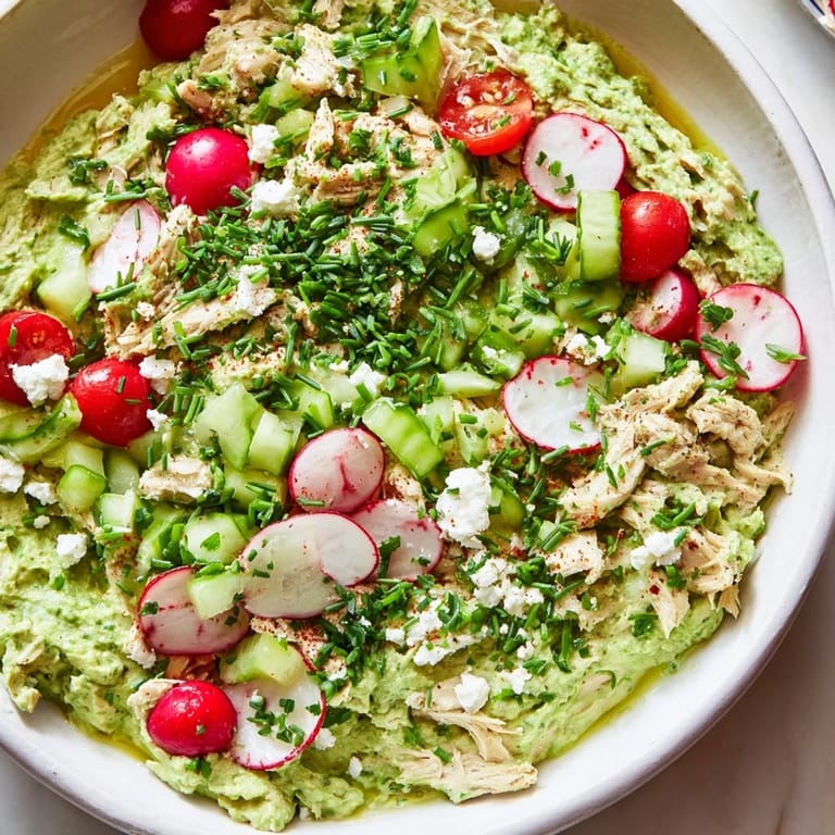Warm, flavorful Green Goddess Chicken Nacho Dip piled high with shredded chicken, ready to be scooped.