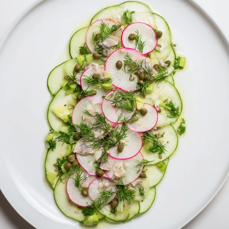 Sardines top the Cucumber and Tinned Fish Date Night Salad, a light salad drizzled with a tangy vinaigrette.