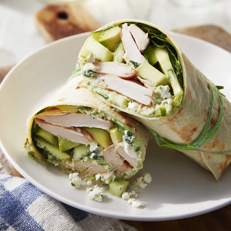 View a perfectly assembled Green Goddess Wellness Wrap; the creamy filling and crisp wrap are very inviting.