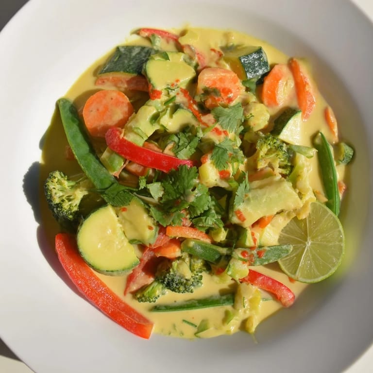 Aromatic Coconut Curry Vegetables simmering in a creamy coconut milk broth, ready for a delicious meal.